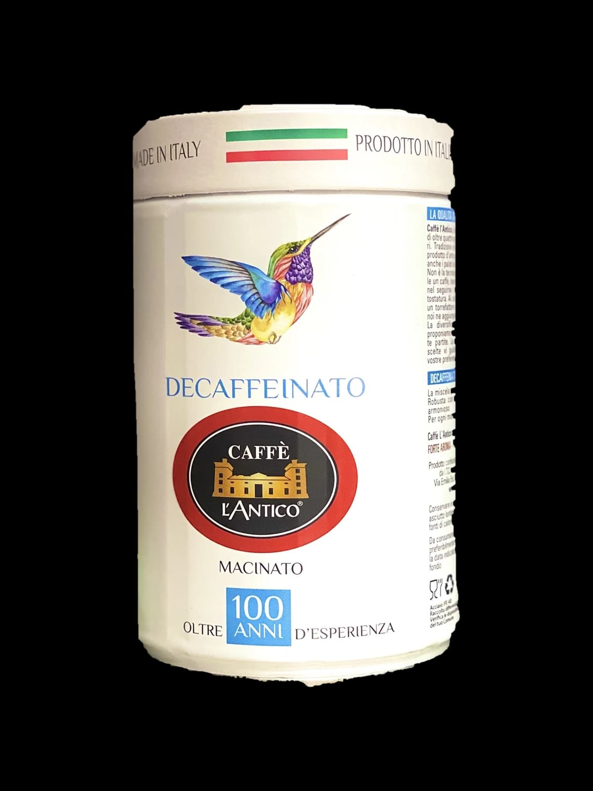 Weiße Dose L'Antico Decaffeinato, freigestellt